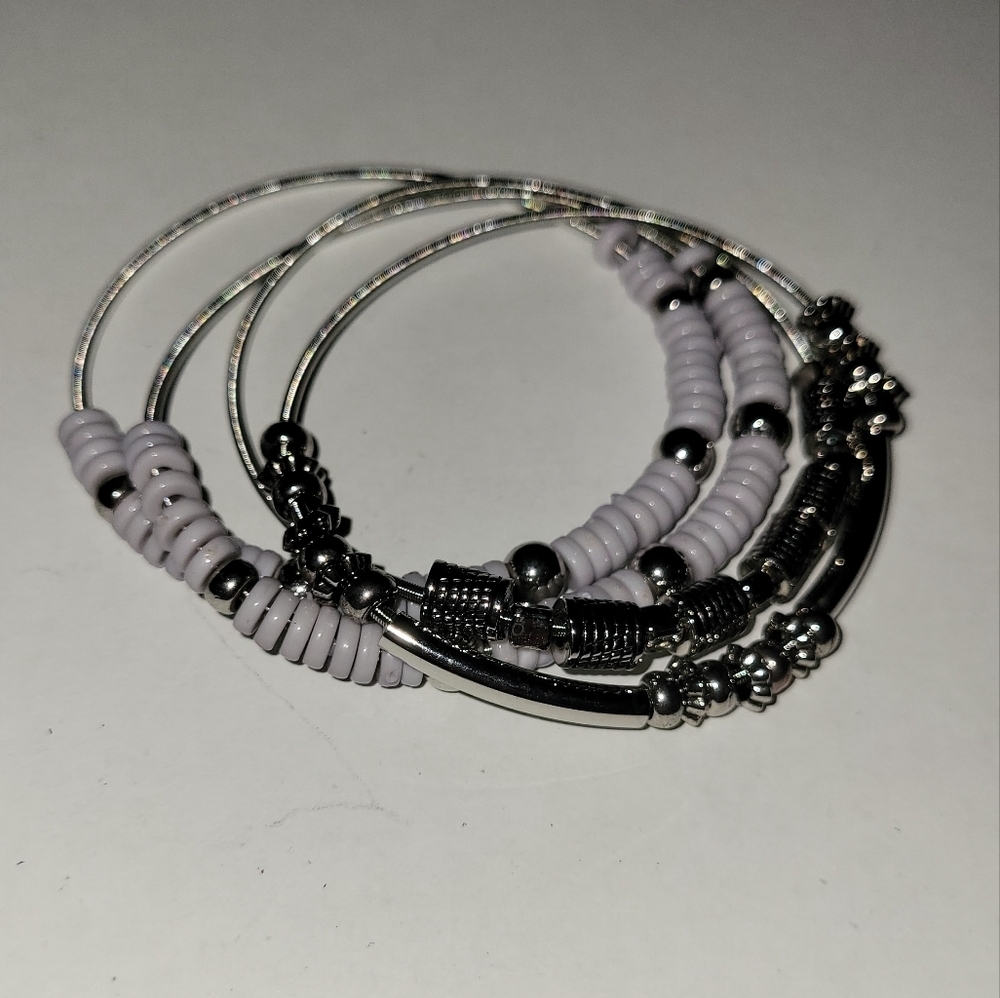 Bead & Silver Tone Quad (4) of Stretchy Bracelets